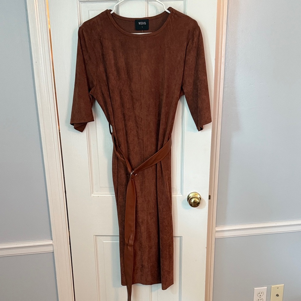 Long Sleeve Vegan Suede Dress in Rich Brown with Belt